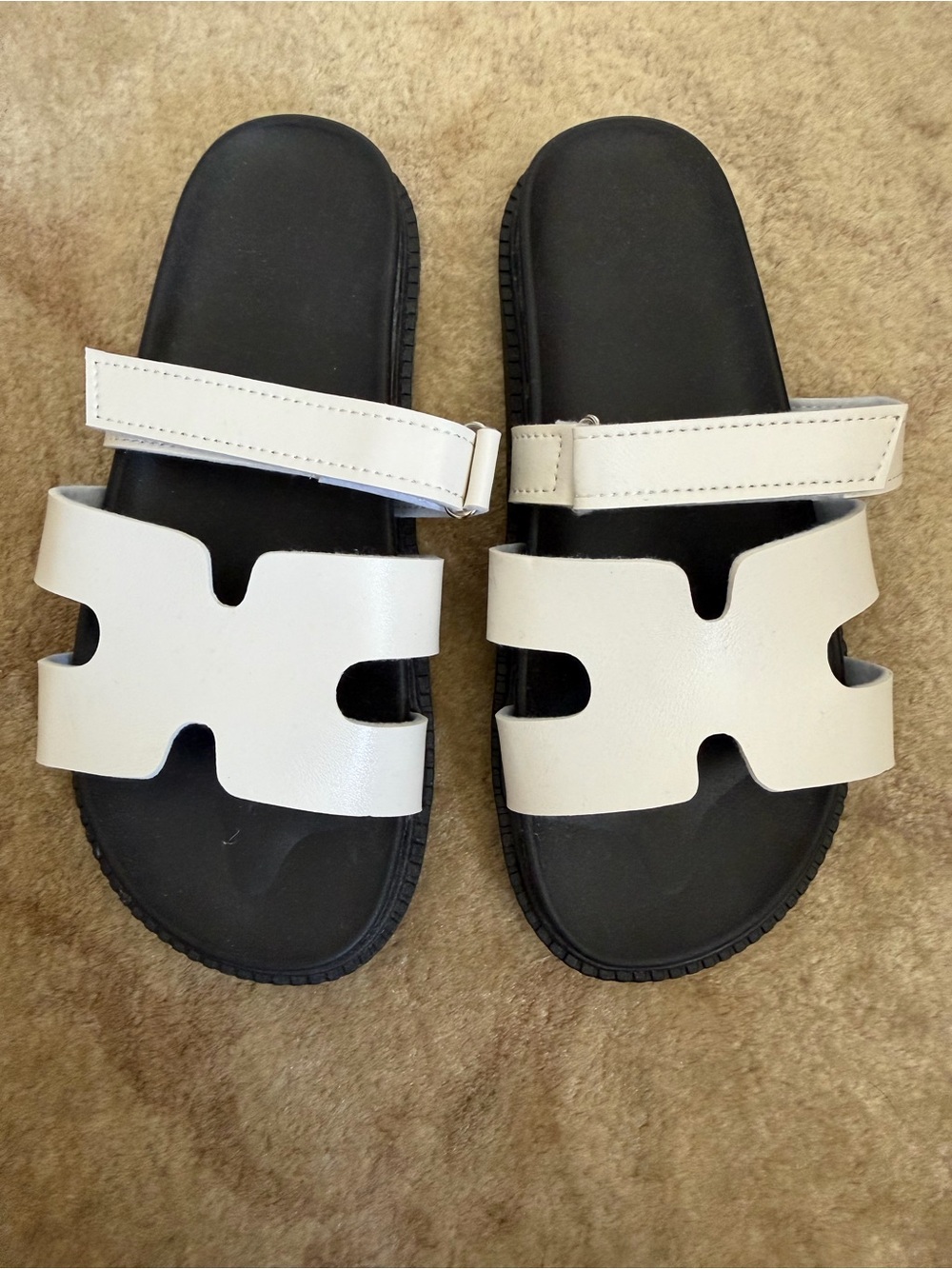 White H Cutout Strap Slide Sandals Velcro strap